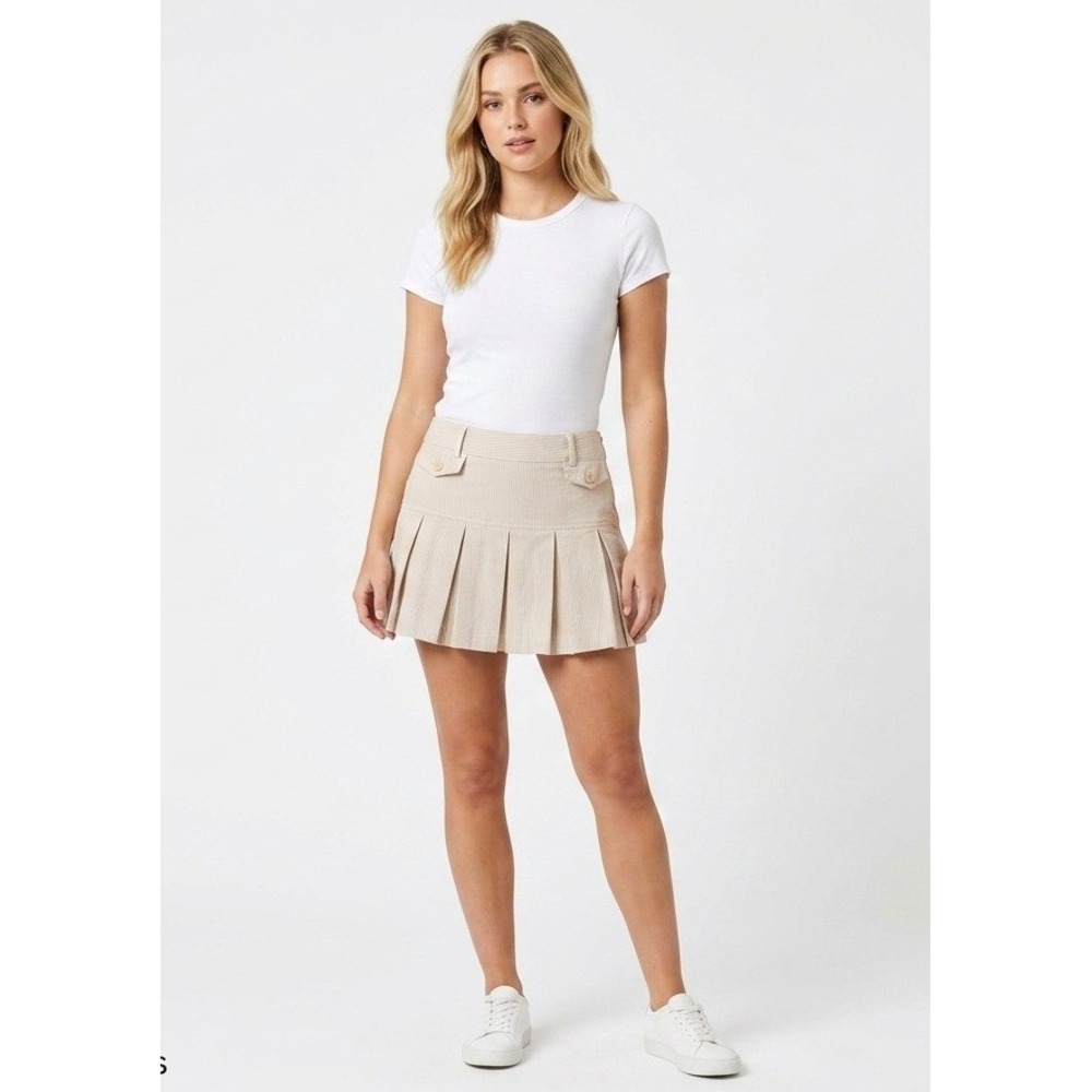 Theory Pleated Mini Skirt 10 Vintage Y2K Tan Pinstripe Box Pleat Archival Skater